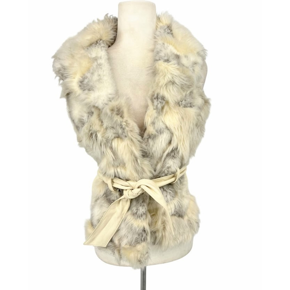 Blanc Noir Faux‎ Fur Belted Vest Jacket Y2K Winter Glam Mob Wife Size Medium